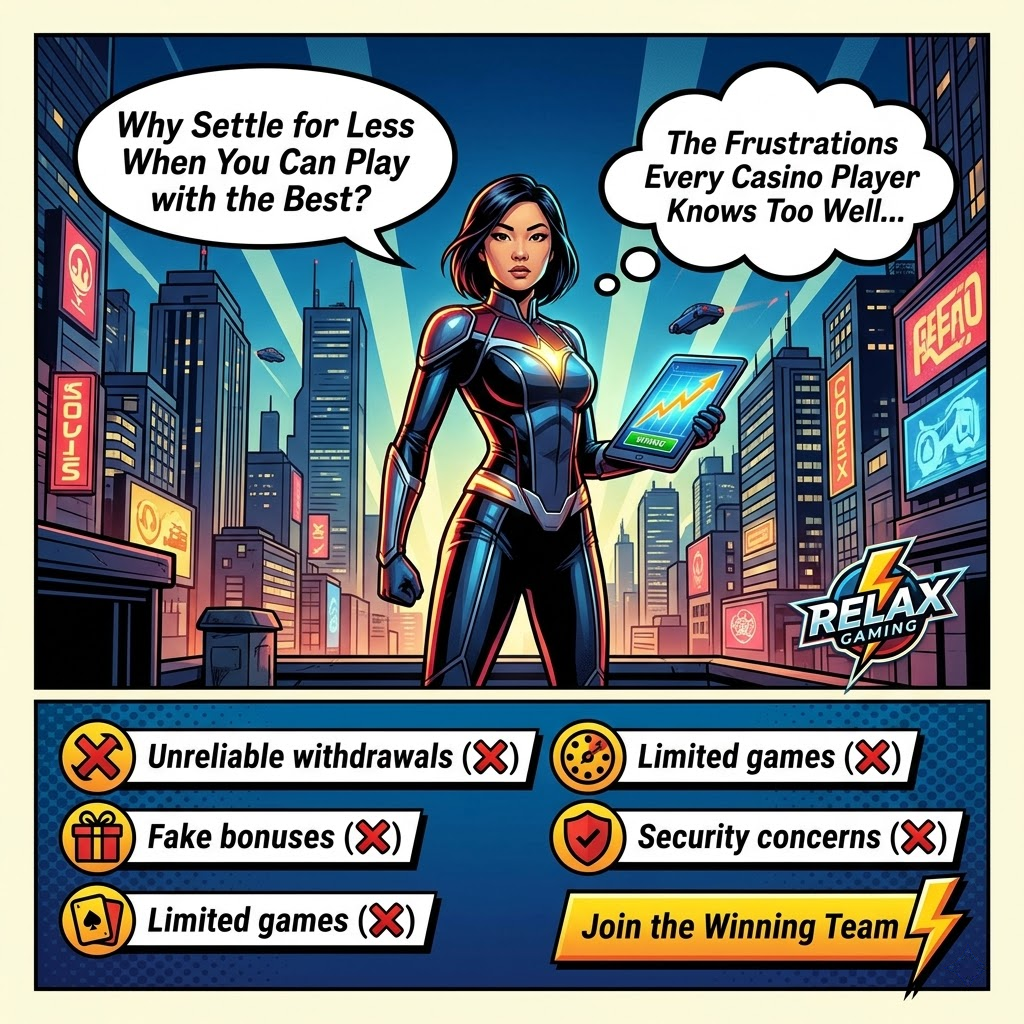 A powerful 1:1 image showcasing Relax Gaming’s online casino entertainment in Singapore. An Asian female presenter in a superhero-inspired outfit stands on a rooftop, addressing the frustrations of online casino players with bold comic book visuals and text. The image highlights issues like unreliable withdrawals, fake bonuses, and security concerns, positioning Relax Gaming as the solution. The dynamic comic book style and vibrant colors aim to attract players seeking a trustworthy and exciting online casino experience in Singapore and Southeast Asia. This visual is designed to be attention-grabbing and informative, promoting Relax Gaming as a reliable and empowering online casino provider.