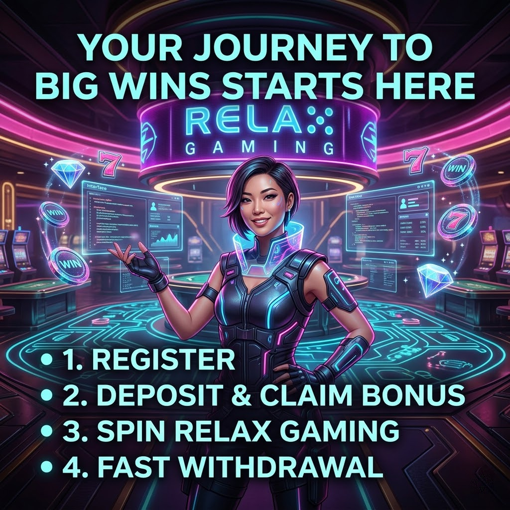 A visually striking cyberpunk-themed infographic image featuring an Asian female presenter, the Relax Gaming logo, and a clear, four-step guide for new players to register, claim bonuses, play slots, and withdraw winnings at an online casino.