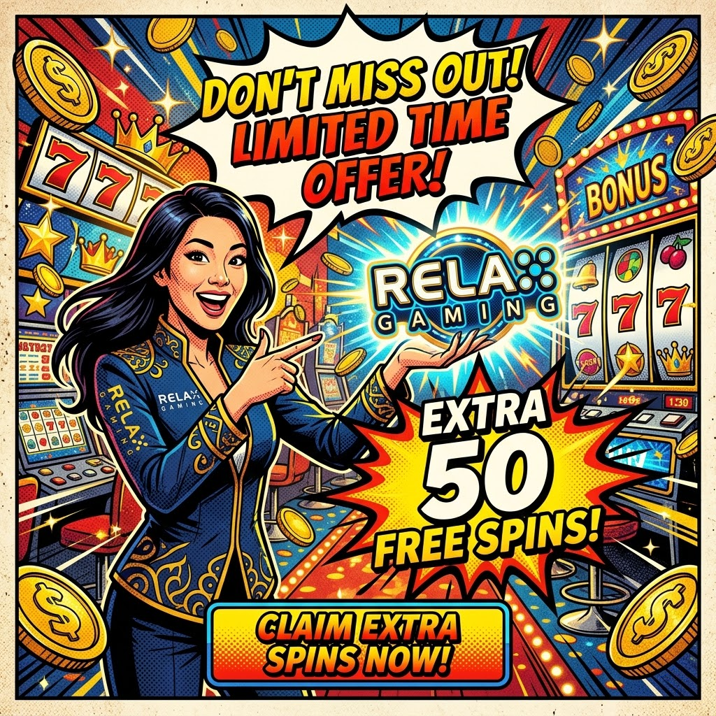 An eye-catching comic book-style promotional image for an online casino limited-time offer, featuring an Asian female presenter, the Relax Gaming logo, and bold text inviting new players to claim 50 extra free spins.