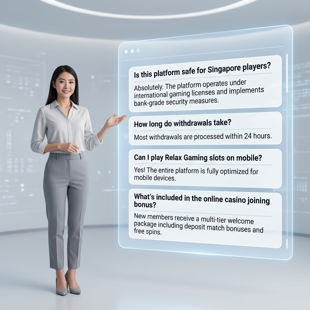 A professional infographic image answering key FAQs for Singapore players, featuring an Asian female presenter, the Relax Gaming logo, and clear information about platform safety, withdrawal times, mobile play, and welcome bonuses.