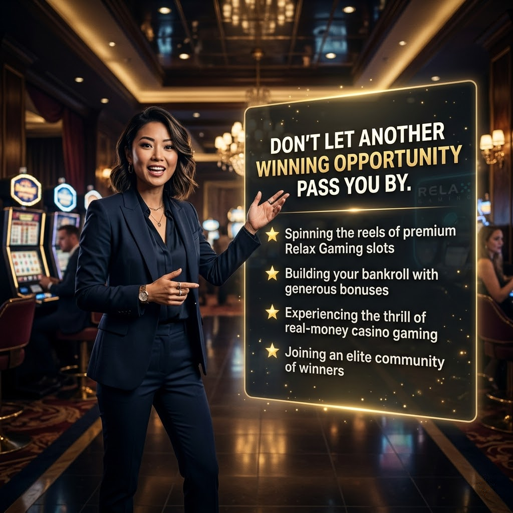 A high-energy promotional image urging players not to miss out on winning opportunities, featuring an Asian female presenter, the Relax Gaming logo, and text highlighting premium slots, generous bonuses, and real-money gaming thrills.