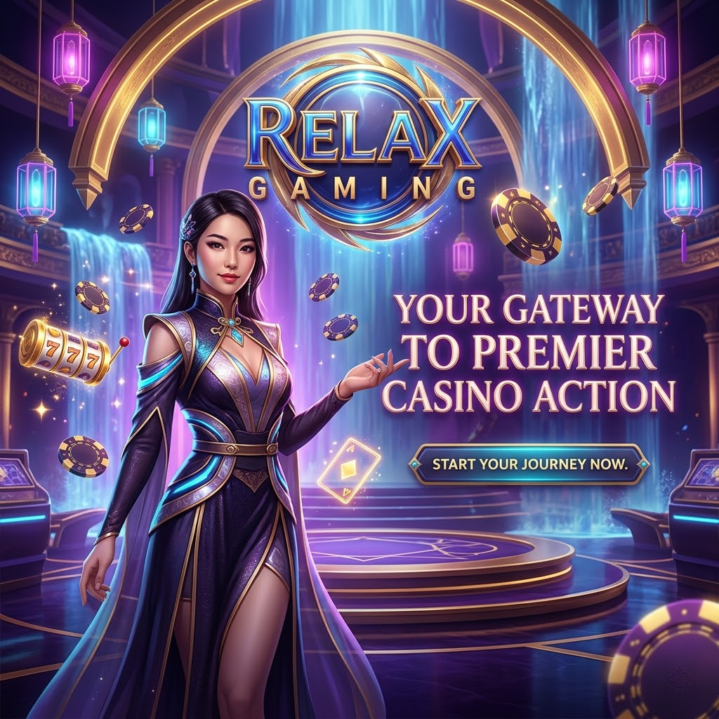 A professional, high-fantasy digital illustration featuring an elegant Asian female presenter in a vibrant, neon-lit casino setting, showcasing the Relax Gaming logo while promoting a trusted Southeast Asian online casino referral gateway experience for players.