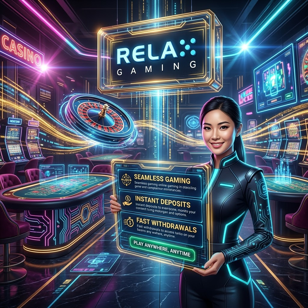 A vibrant, high-energy cyberpunk-themed casino illustration featuring an Asian female presenter, showcasing a seamless mobile gaming experience, instant deposits, and fast withdrawals with the Relax Gaming logo prominently displayed for modern players.