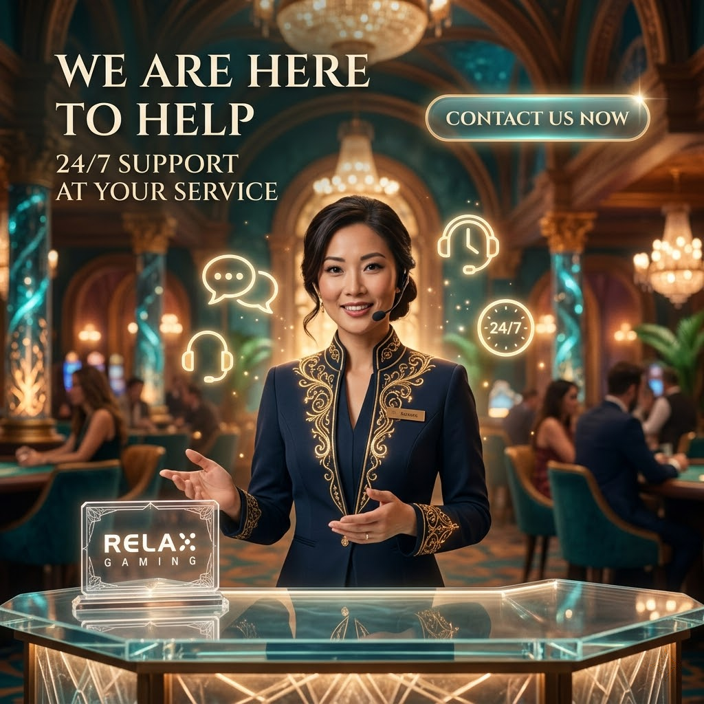 A reassuring and professional fantasy-themed casino illustration featuring an Asian female presenter, highlighting 24/7 customer support services for Relax Gaming with a clear call-to-action for players seeking assistance and help.