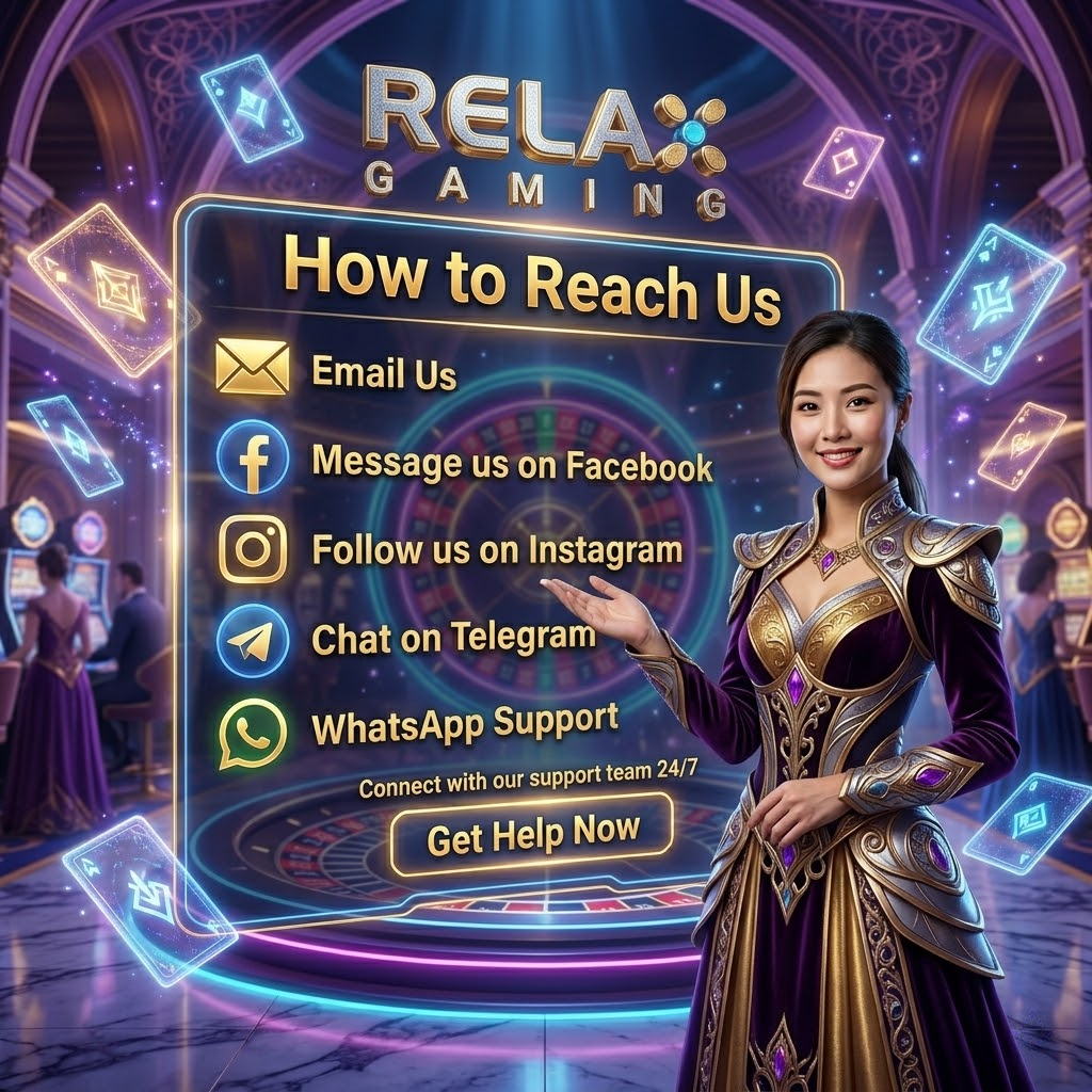 A vibrant 1:1 graphic featuring a professional Asian female presenter in a fantasy casino setting, showcasing Relax Gaming support contact methods including email, social media, and messaging platforms with bold, readable typography and engaging neon lighting effects designed for customer service outreach.