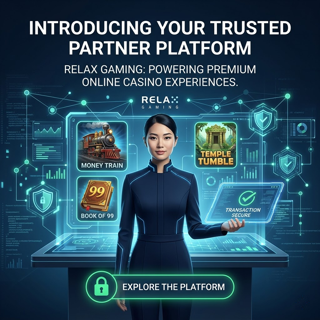 A sophisticated 1:1 image showcasing Relax Gaming’s trusted partner platform in Singapore. An Asian female presenter stands before a holographic display showcasing the Relax Gaming game portfolio, surrounded by digital security elements. The image highlights instant access to 100+ slots, generous promotions, bank-level security, and fast withdrawals. The tech-inspired design aims to attract players seeking a reliable and secure online casino experience powered by Relax Gaming. This visual is designed to be informative and trustworthy, promoting Relax Gaming as a leading platform provider in Singapore and Southeast Asia.