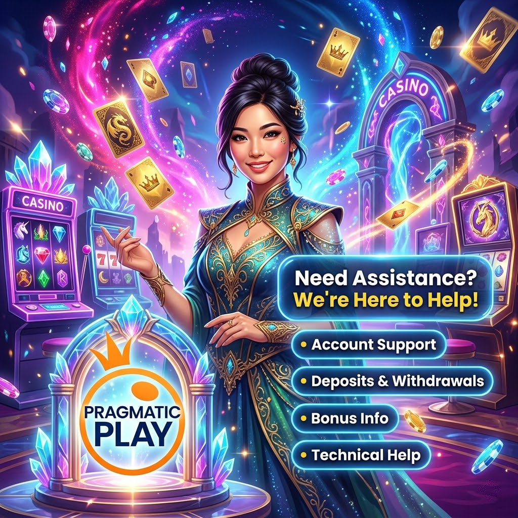 A professional Asian female presenter in a vibrant fantasy-themed casino setting, showcasing support services with glowing holographic text for account, deposit, and technical assistance, featuring the Pragmatic Play logo and bold, colorful visual elements.