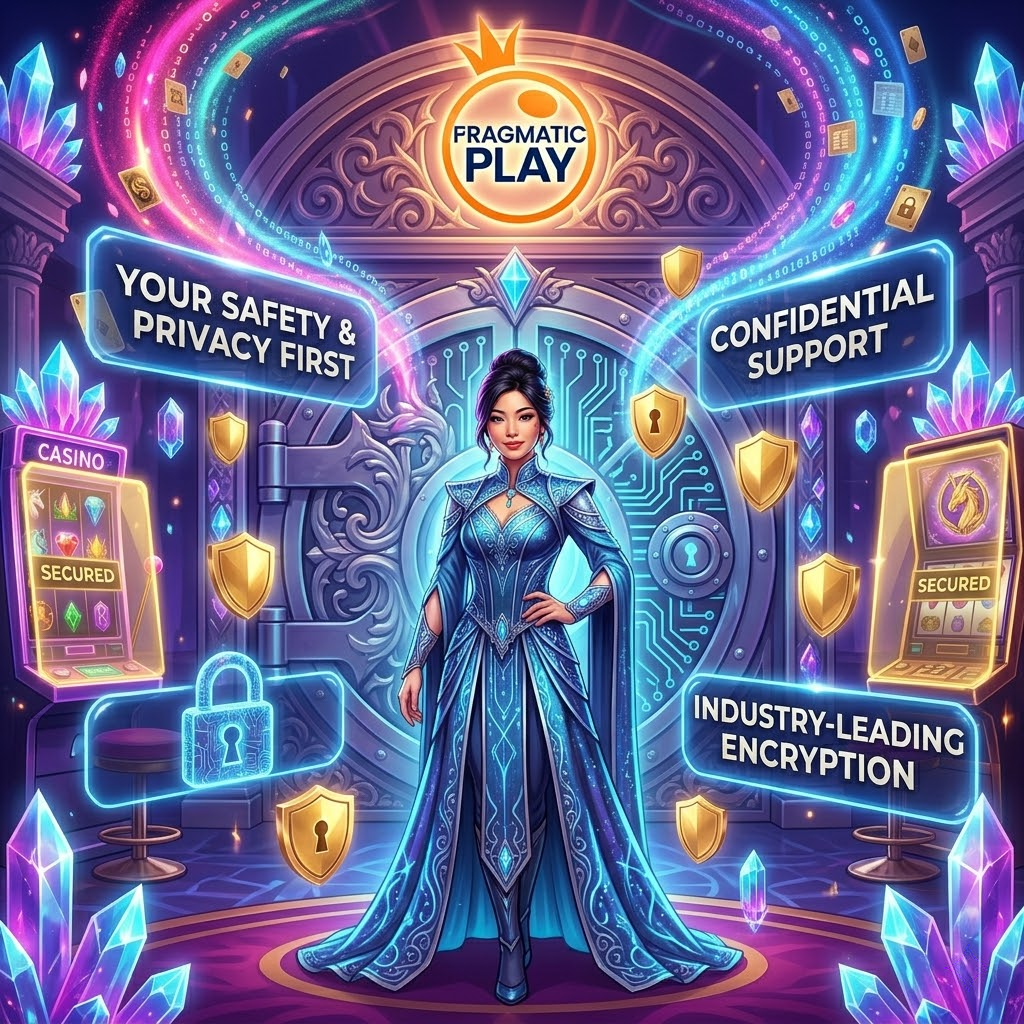 An elegant Asian female presenter in a vibrant, high-security fantasy casino setting, highlighting privacy and data encryption with holographic text displays, featuring the Pragmatic Play logo and a luxurious, trustworthy atmosphere designed for player safety.