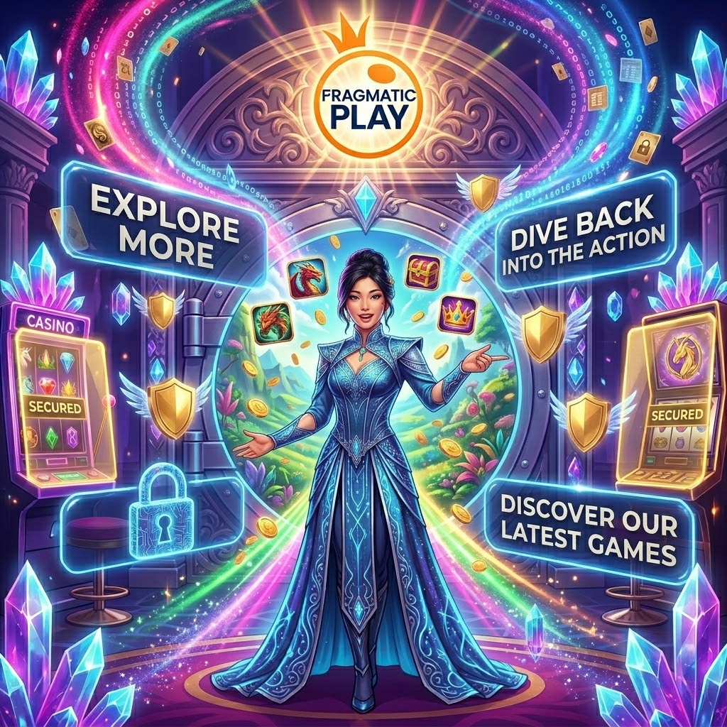 A vibrant and engaging fantasy-themed image featuring an Asian female presenter inviting players to explore new games and promotions, set within a magical, high-energy casino portal with the Pragmatic Play logo and bold, clear holographic call-to-action text.