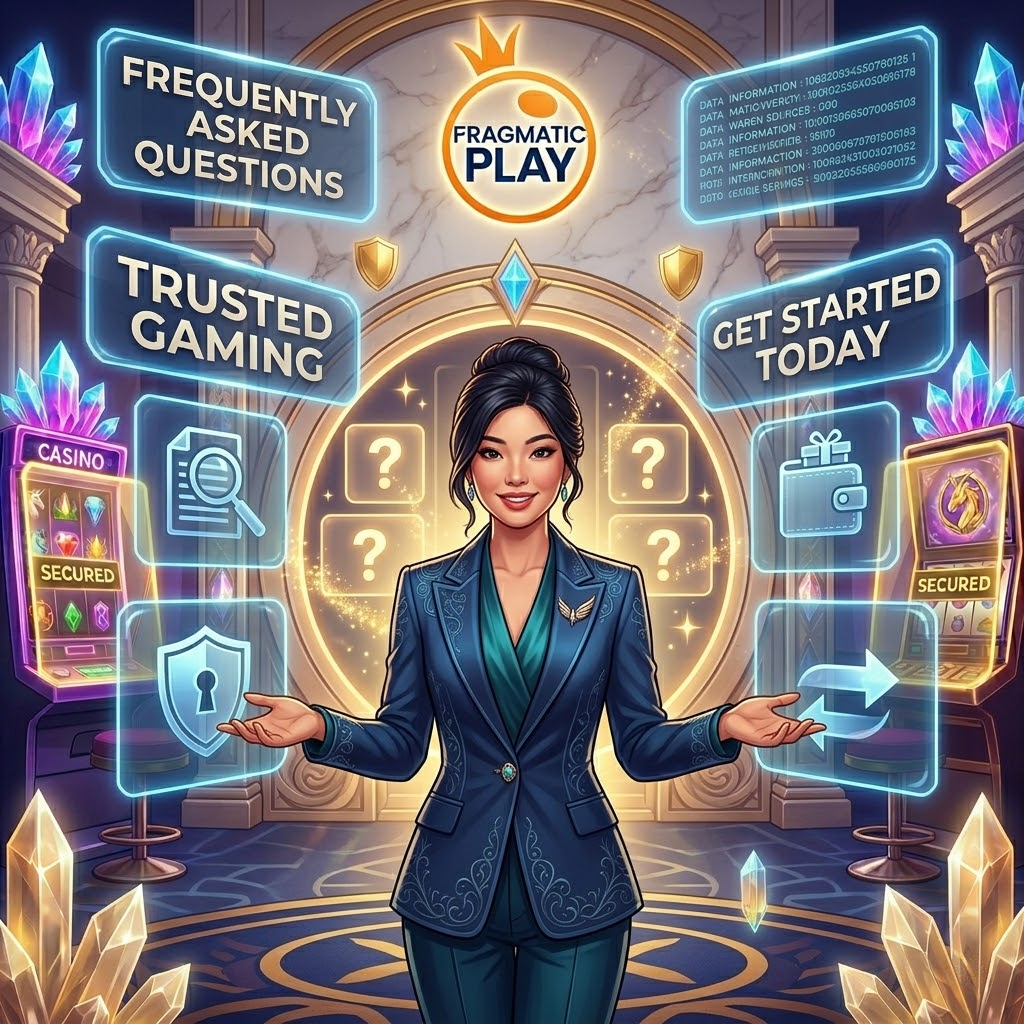 A professional Asian female presenter in a sophisticated fantasy casino setting, welcoming players to an FAQ page for Relax Gaming sites in Singapore, featuring glowing holographic icons, the Pragmatic Play logo, and clear, inviting text for new and experienced players.




