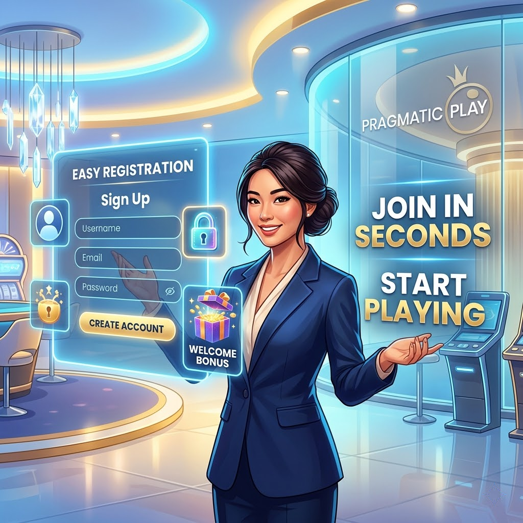 A professional Asian female presenter demonstrating an easy registration process on a holographic tablet within a premium, fantasy-themed casino setting, highlighting how to join and start playing at Relax Gaming sites with clear call-to-action text.




