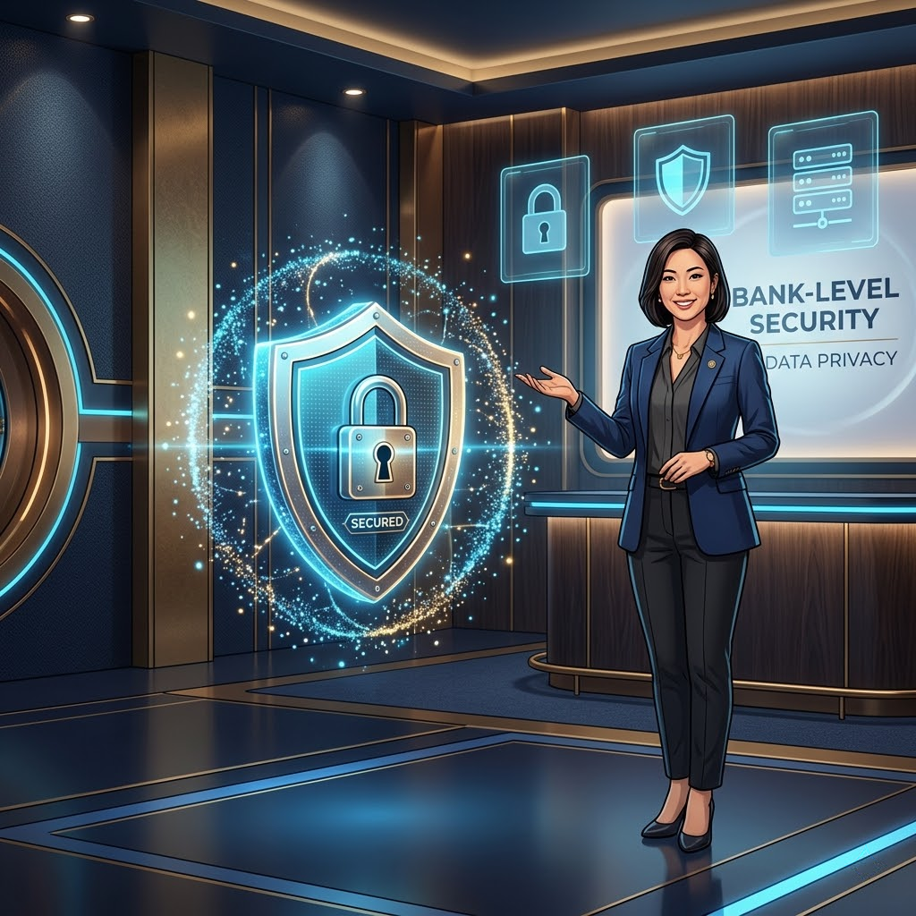 A professional security consultant in a high-tech casino environment, standing next to a glowing, holographic shield icon that represents bank-level encryption, data privacy, and secure online gaming for players.




