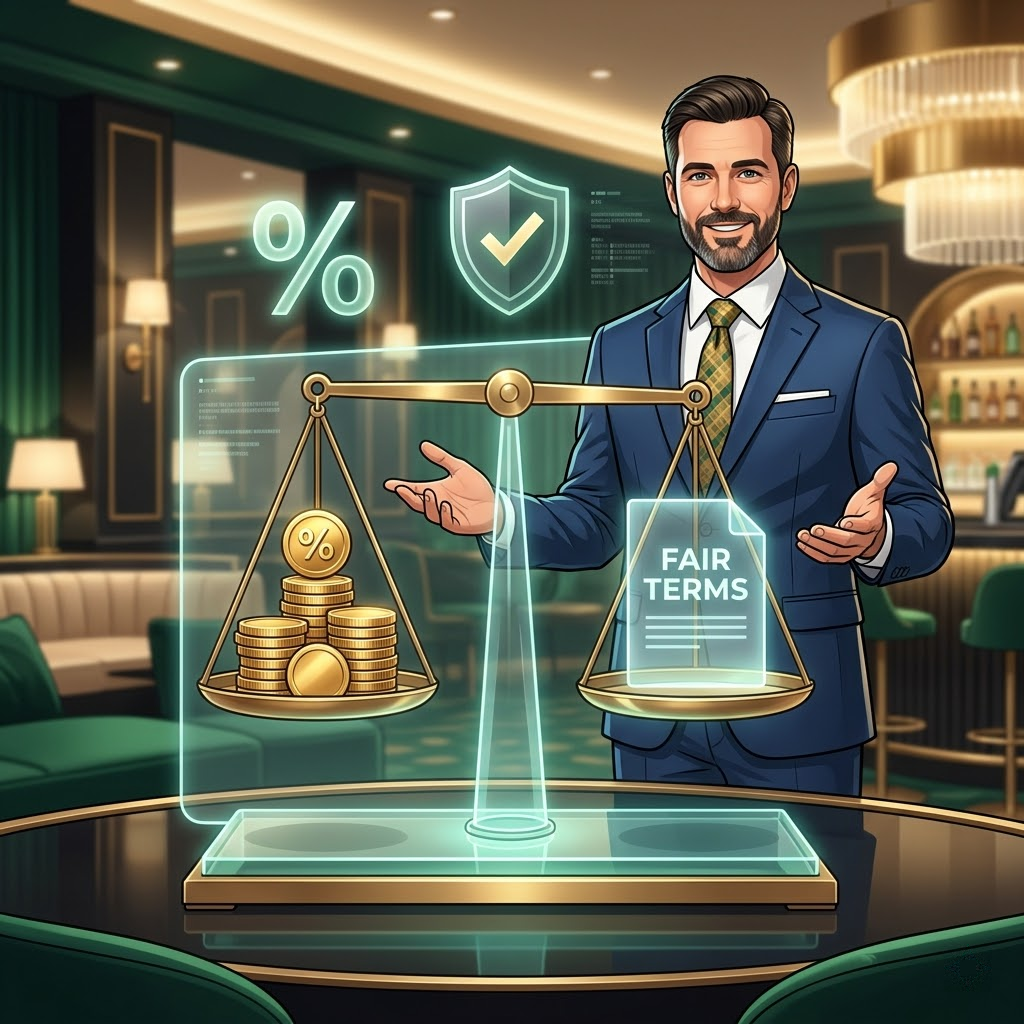 A conceptual illustration of a professional advisor in a luxurious casino setting, showcasing a balance scale representing fair gaming terms, transparent RTP percentages, and secure, fee-free financial transactions for online players.




