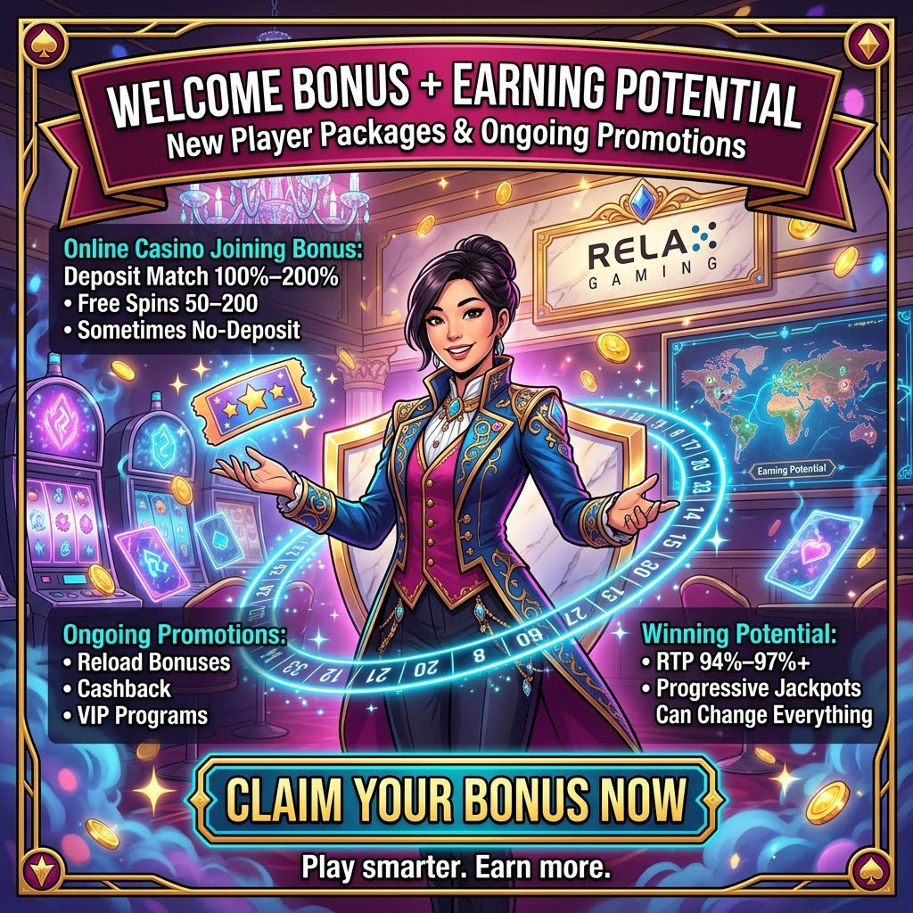  Casino-themed fantasy square hook image showing an Asian female presenter in a vibrant neon gaming hall, advertising Relax Gaming bonuses with clear on-image text for welcome bonus deposit match 100–200%, free spins 50–200, reload cashback VIP promotions, RTP 94–97%+, and progressive jackpots, plus a bold “Claim your bonus now” call-to-action.