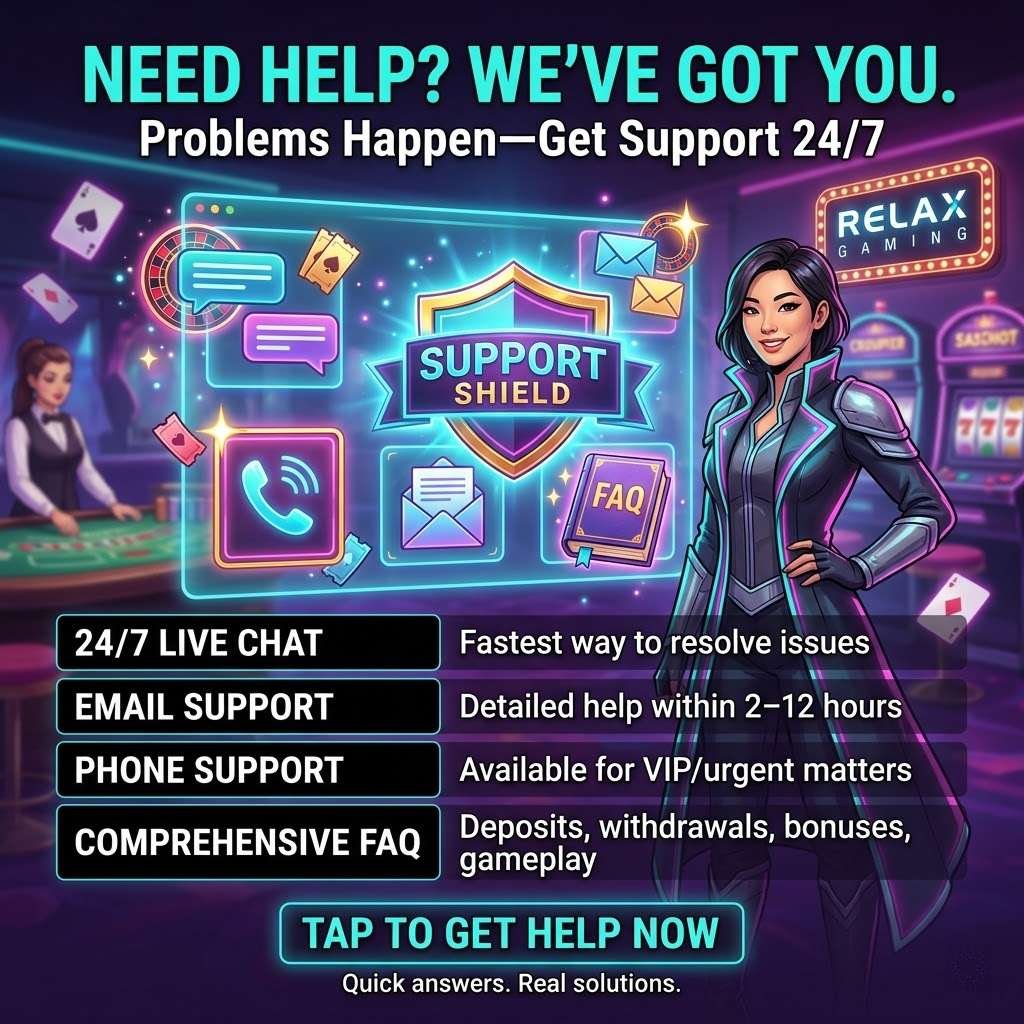 Casino-themed fantasy hook image featuring an Asian female presenter with a glowing customer support interface, advertising Relax Gaming help options including 24/7 live chat, email responses within 2–12 hours, phone support for VIP or urgent needs, and comprehensive FAQ coverage, with a clear “Get Help Now” call to action in bold readable typography.




