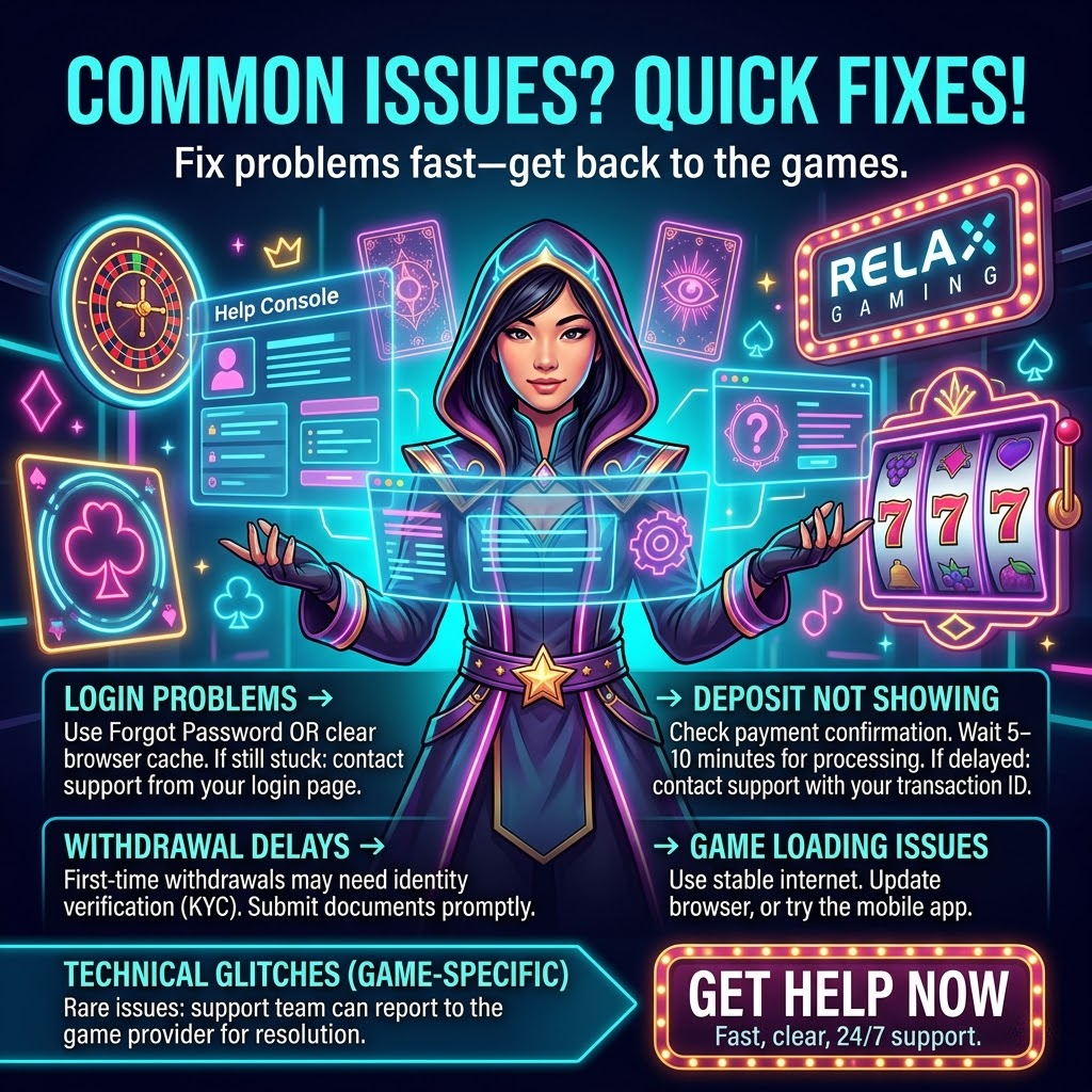  relax-gaming-quick-solutions-common-issues-login-deposit-withdrawal-loading-game-glitches-support-fantasy-cyberpunk-square-hook
Seo optimized Alt text: Casino-themed fantasy square hook image with an Asian female presenter and a glowing holographic help console, featuring on-image quick solutions for login problems, deposit not showing with 5–10 minute processing, withdrawal delays with KYC verification, game loading fixes, and rare Relax Gaming game glitches, plus a prominent “Get Help Now” call to action and Relax Gaming logo.