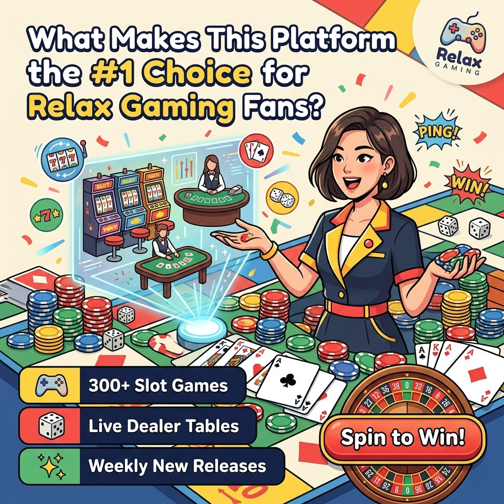 A vibrant 1:1 image showcasing Relax Gaming’s comprehensive game library and platform features in Singapore. An Asian female presenter stands amidst a colorful game board, highlighting 300+ slot games, live dealer tables, and weekly new releases. The playful design aims to attract players seeking a fun and diverse online casino experience powered by Relax Gaming. This visual is designed to be engaging and informative, promoting Relax Gaming as the top choice for fans in Singapore and Southeast Asia.