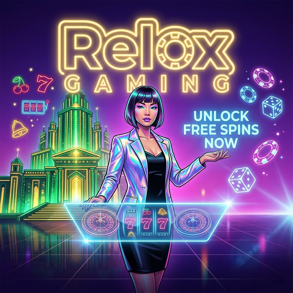 A stunning cyberpunk fantasy casino scene featuring an Asian female presenter in holographic attire gesturing towards a glowing "UNLOCK FREE SPINS NOW" call-to-action, with a neon "Relax Gaming" sign, floating poker chips, and cascading slot reels, all designed to capture attention and promote premium online casino gaming with free spins.




