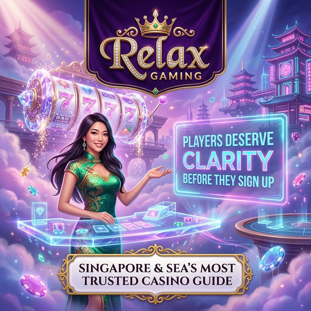 A vibrant fantasy casino scene with an Asian female presenter in a jewel-toned cheongsam gesturing toward glowing text about player clarity, featuring the Relax Gaming logo as golden lettering with a crown, floating slot reels, neon typography, and a magical skyline of pagodas, designed as a visual hook for Singapore and Southeast Asian online casino guide content.




