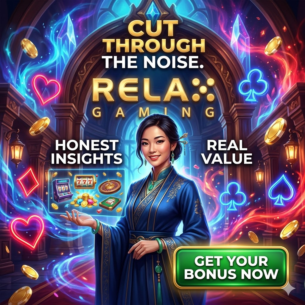 A vibrant fantasy-themed promotional image featuring a professional Asian female presenter in a luxury casino setting, showcasing the Relax Gaming logo, designed to provide honest online casino guides, bonuses, and free spins for players in Singapore and Southeast Asia seeking transparency and security.




