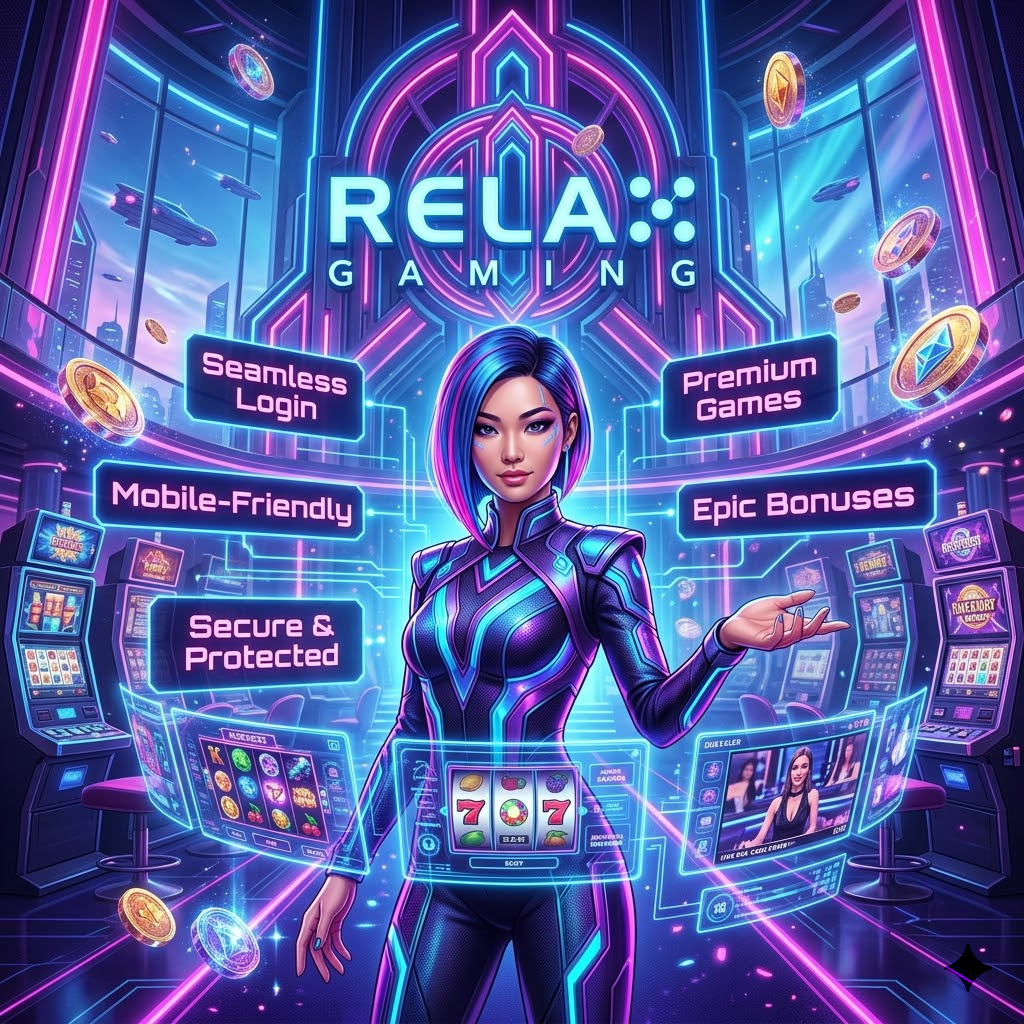 Seo optimized Alt text: A vibrant, cyberpunk-style 1:1 image featuring a confident Asian female presenter in a high-tech casino setting. She is surrounded by neon signs, a glowing "Relax Gaming" logo, and bold text highlighting features like security, easy registration, and premium game selections.

