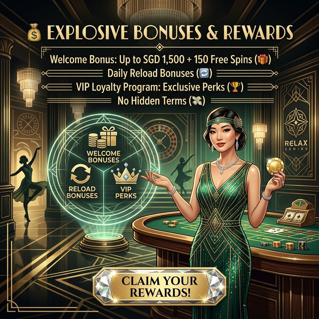 A luxurious 1:1 image showcasing Relax Gaming’s explosive bonuses and rewards in Singapore. An Asian female presenter in an art deco gown stands near a grand casino table, highlighting welcome bonuses, reload bonuses, VIP perks, and transparent terms. The image aims to attract players seeking a rewarding and glamorous online casino experience powered by Relax Gaming. This visual is designed to be sophisticated and informative, promoting Relax Gaming as the premier destination for online casino bonuses in Singapore and Southeast Asia.