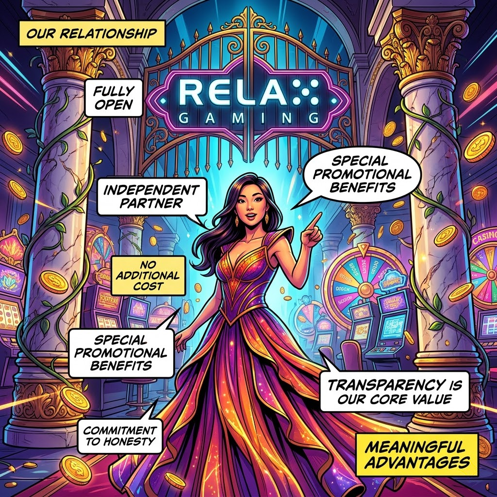 A vibrant comic-book style 1:1 image featuring an Asian female presenter in a fantasy-themed casino. The scene includes bold, colorful text highlighting transparency, no-cost benefits, and honest recommendations, all set against a backdrop of glowing slot machines and gold coins.