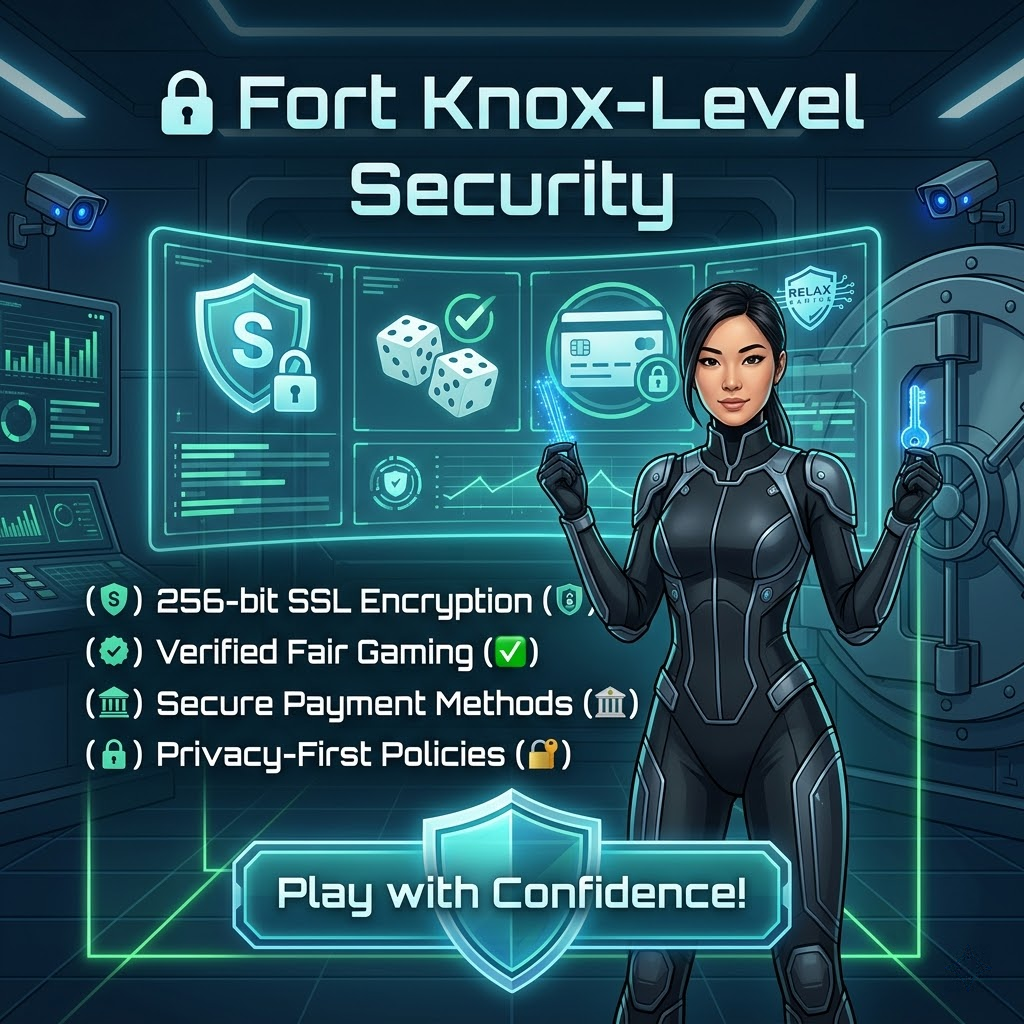A secure 1:1 image showcasing Relax Gaming’s fort knox-level security measures in Singapore. An Asian female presenter in a futuristic jumpsuit stands in a high-tech vault, highlighting SSL encryption, fair gaming audits, secure payment methods, and privacy-first policies. The image aims to attract players seeking a trustworthy and safe online casino experience powered by Relax Gaming. This visual is designed to be reassuring and informative, promoting Relax Gaming as a leading provider of secure online casino gaming in Singapore and Southeast Asia.