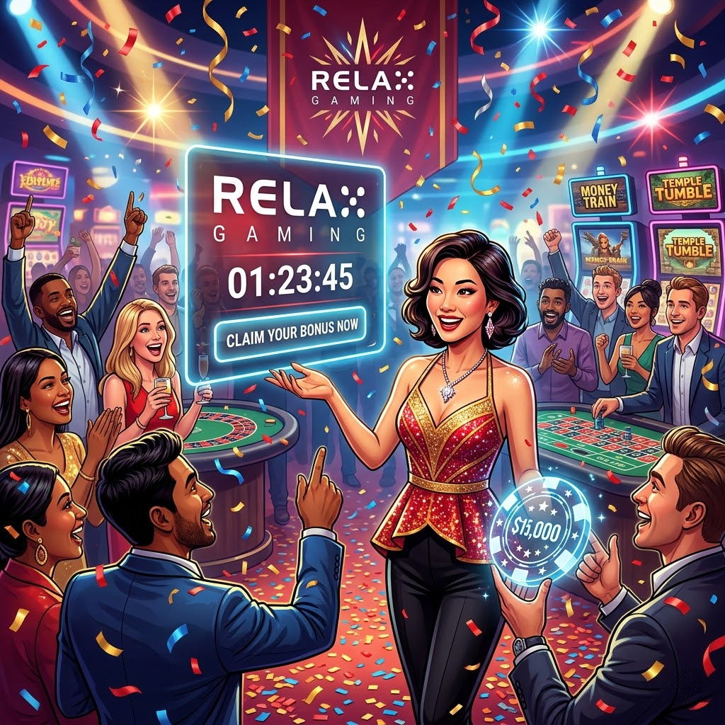 A celebratory 1:1 image showcasing Relax Gaming’s vibrant online casino community in Singapore. An Asian female presenter stands amidst cheering players, highlighting the opportunity to claim a bonus and join 50,000+ satisfied players. The image aims to attract new players seeking an exciting and rewarding online casino experience powered by Relax Gaming. This visual is designed to be engaging and persuasive, promoting Relax Gaming as the ultimate online casino destination in Singapore and Southeast Asia.