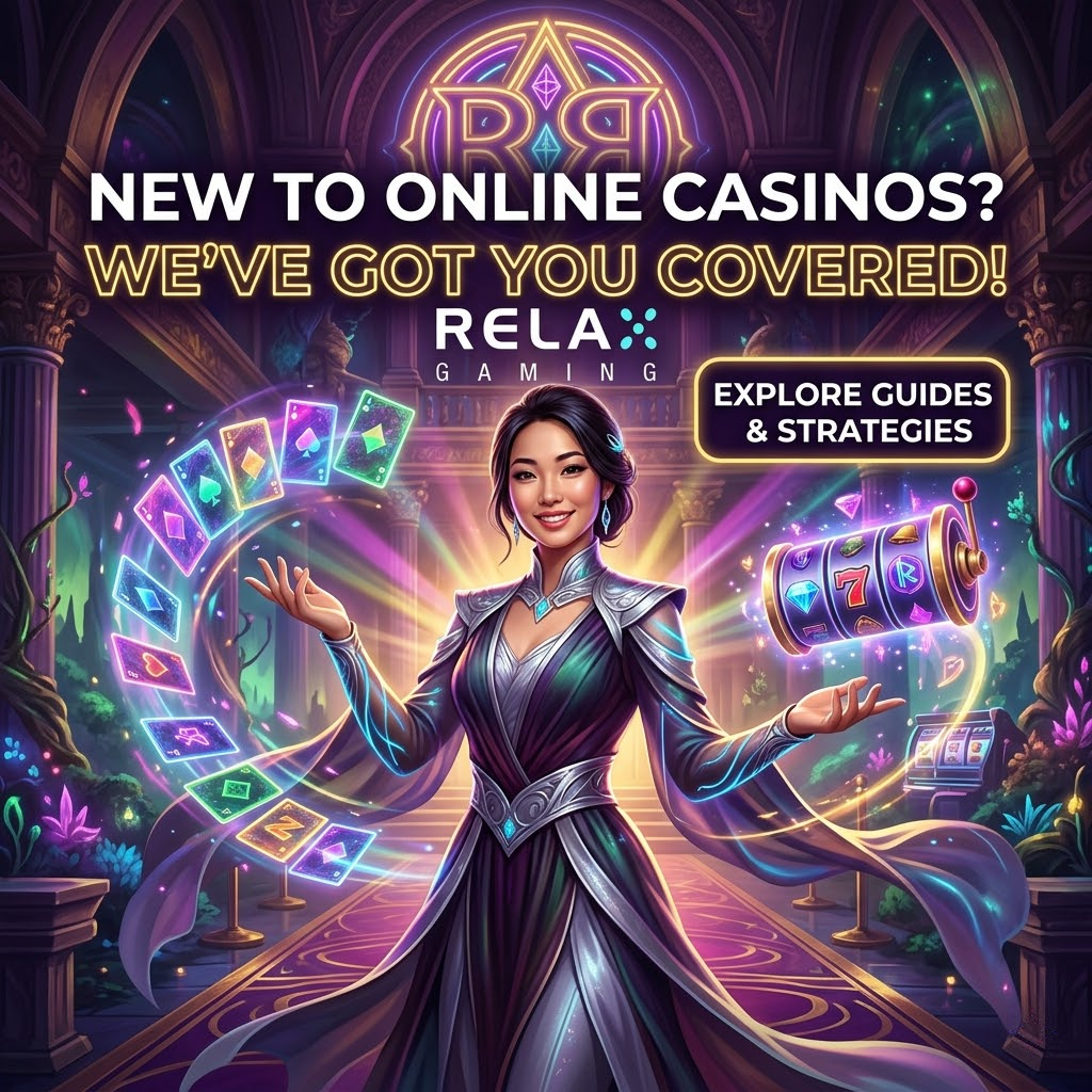 A vibrant fantasy-themed promotional image for online casinos featuring a professional Asian female presenter, the Relax Gaming logo, and clear, readable text inviting beginners to explore comprehensive strategy guides, game tutorials, and honest platform reviews.