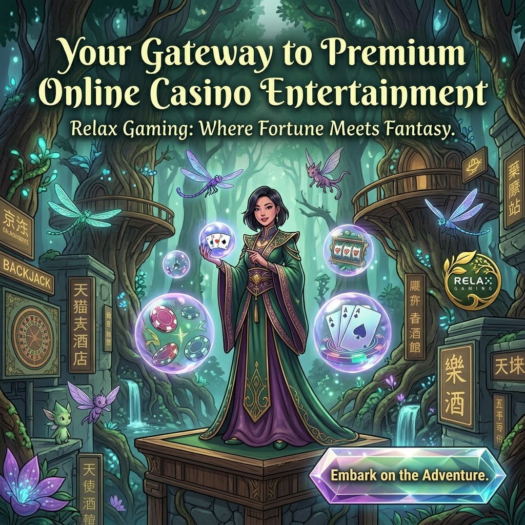 A stunning 1:1 image showcasing Relax Gaming’s online casino entertainment in Singapore. An Asian female presenter in elegant fantasy robes stands confidently within a mystical forest casino, surrounded by glowing flora and ancient trees. Floating orbs display casino games, and graceful typography highlights the brand’s premium offerings and call to action. The image aims to attract players with its rich colors, ethereal lighting, and promise of a magical online casino adventure. This visual is designed to be captivating and informative, promoting Relax Gaming as a unique and enchanting online casino provider in Singapore.